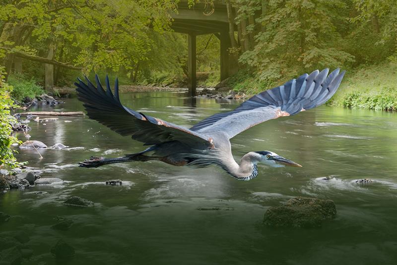 Blue Heron Flying Along Stream