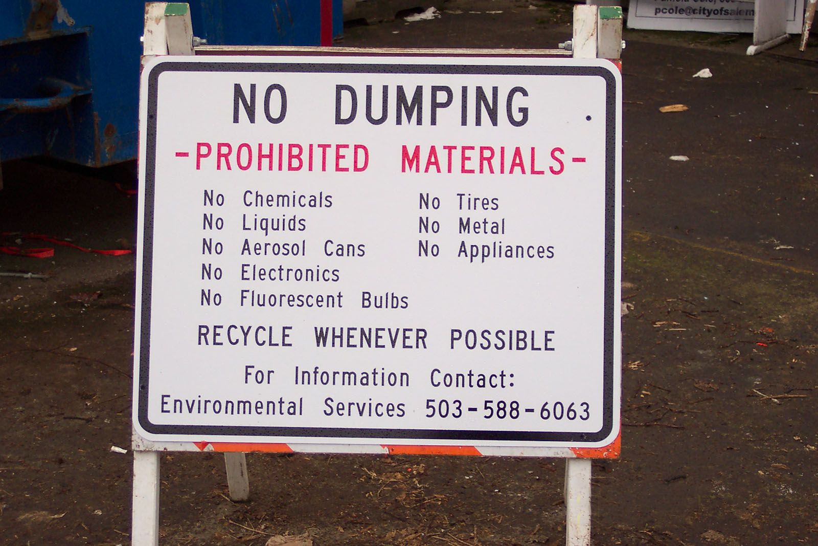 No Dumping - Prohibited materials sign