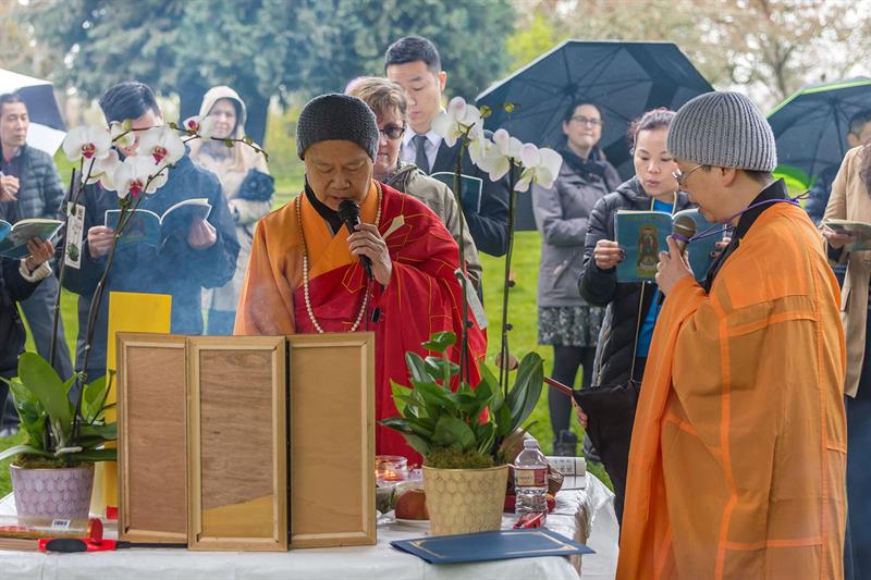 Priests from Salem's Mia Chung Temple perform a Chinese Blessing of the Shrine on April 5, 2018 for the Chinese Qingming Festival