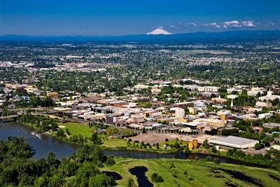 salem downtown with mountains aerial