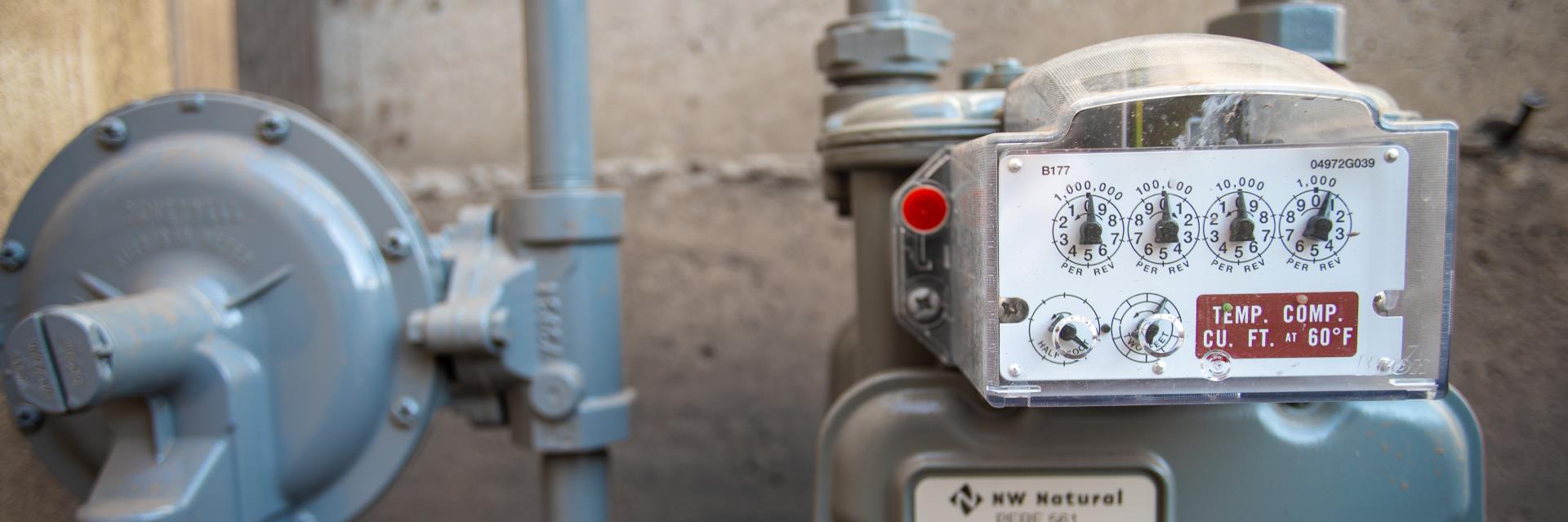 Panoramic photo of a gas meter on a home