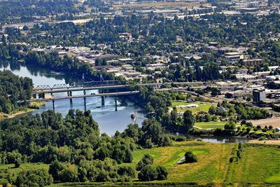 union and marion street bridges on willamette river aerial