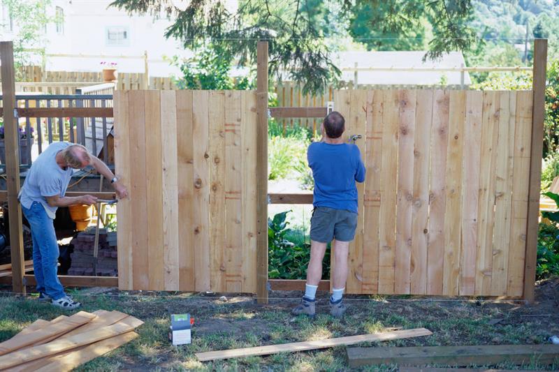 two men building back yard fence