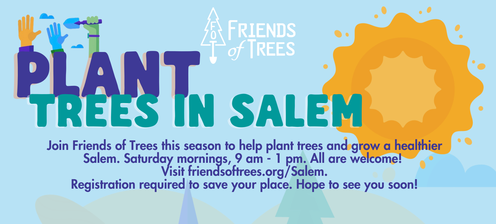 Friends of Trees plant trees in Salem with sun and volunteer hands