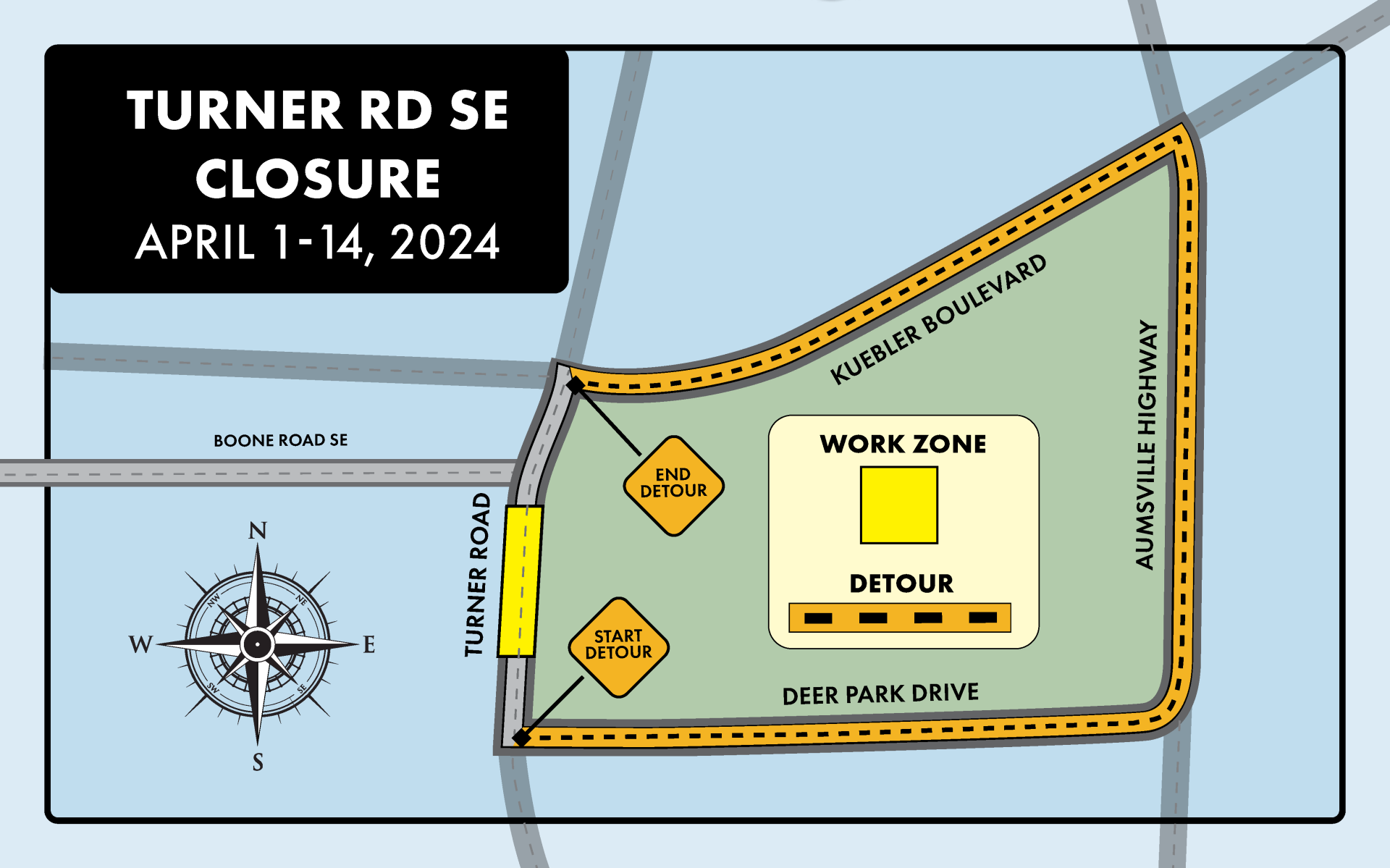 Map showing Turner Rd SE closure just south of Boone Rd S