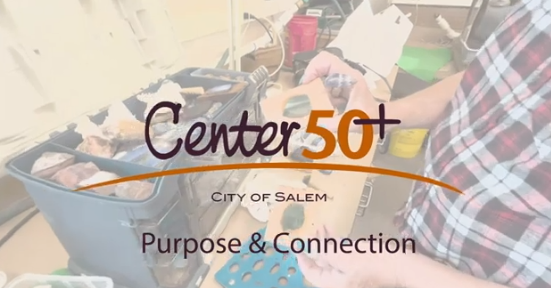 Center 50+ title slide with activity image