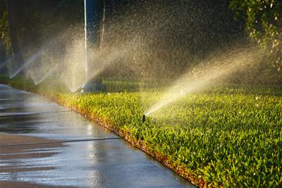 sprinklers watering well trimmed lawn next to wet sidewalk