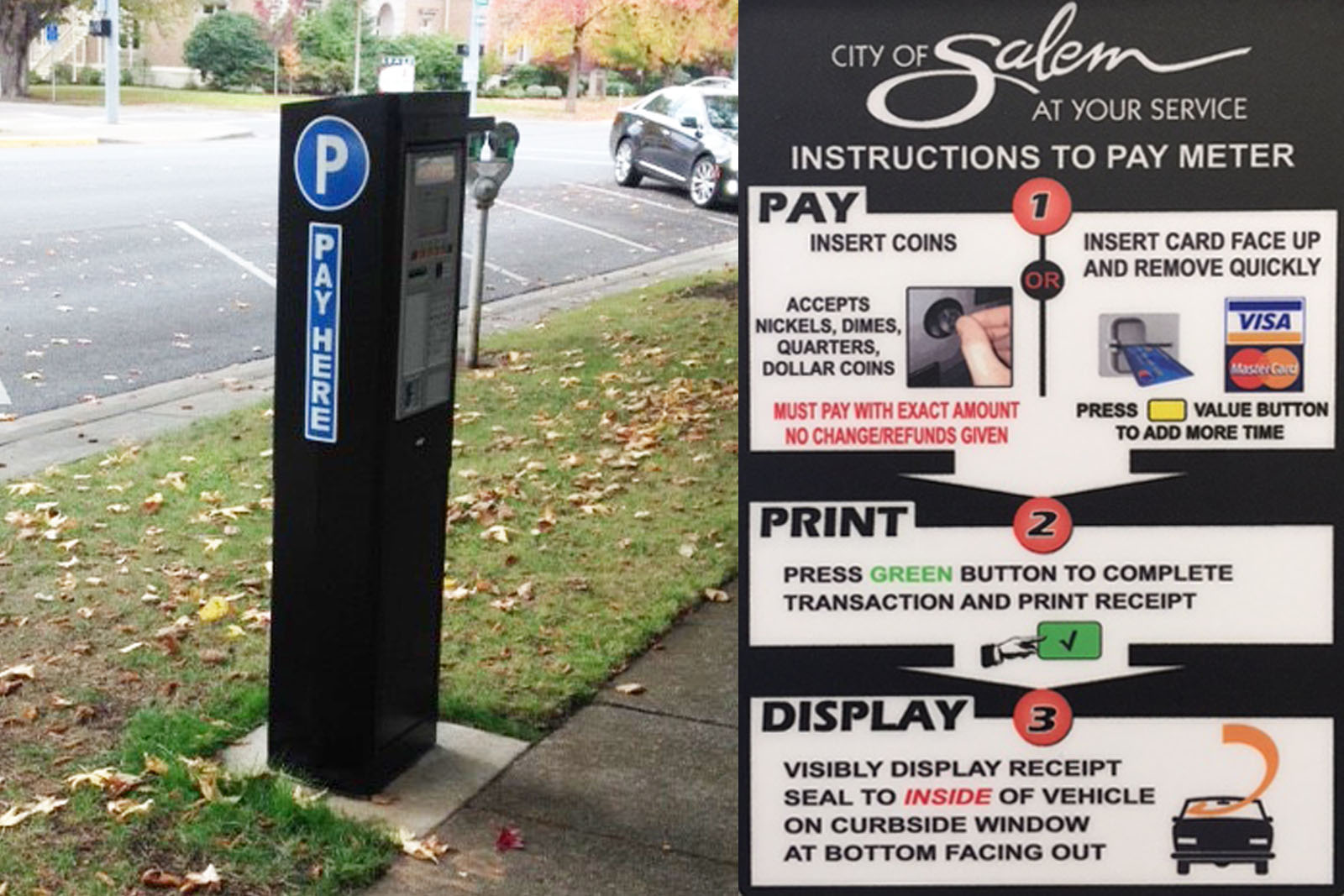 Electronic pay station and instruction diagram: Pay, print, display